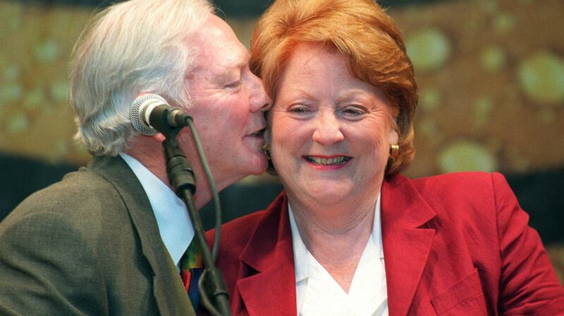 Gay Byrne with Kathleen Watkins, after he was conferred with the Honorary Freedom of the City, outside the Mansion House, in Dublin. Photograph: Eric Luke
