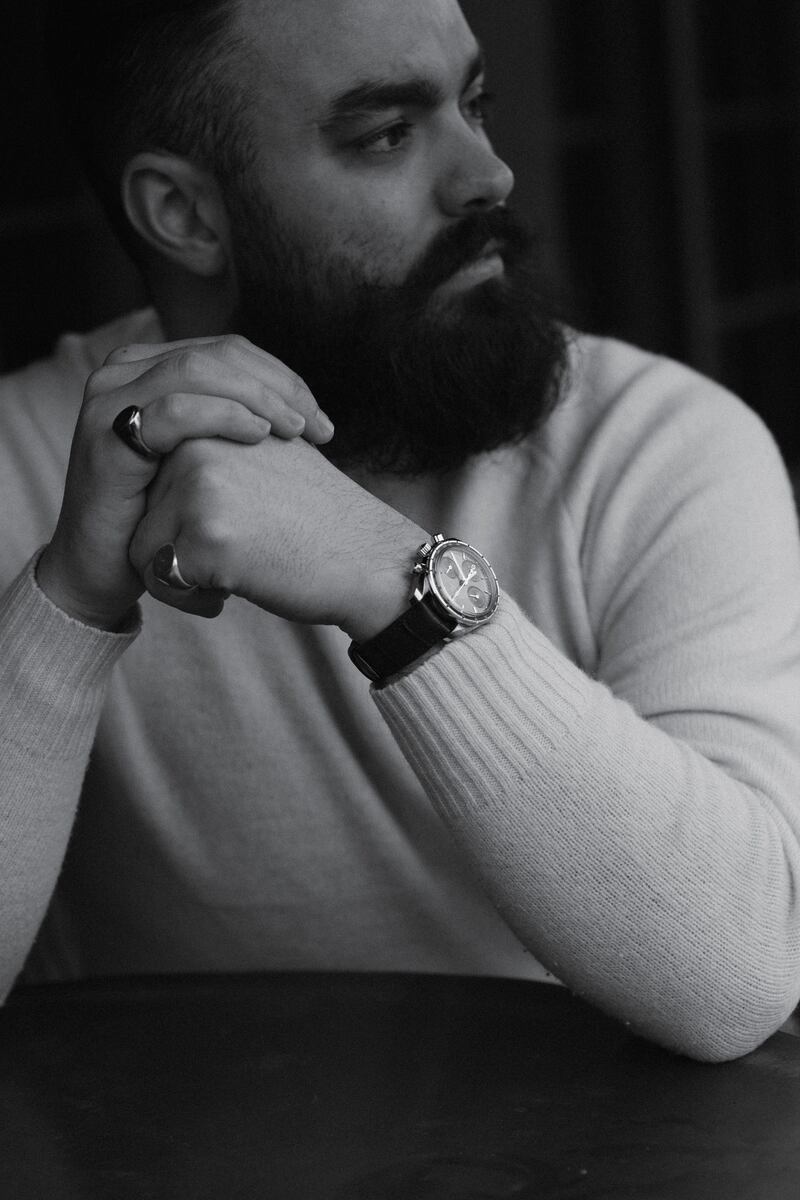 Jake McCabe wering his Omegs Speedmaster 38 from Weirs; Cosmic Boulevard All Seeing Eye signet ring (left hand) by Sinead Murphy; and Vitality designs gold signet ring (right hand). Photograph: Alex Hutchinson