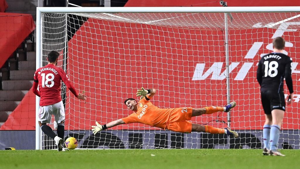 Bruno Fernandes scores Manchester United’s winner against Aston Villa. Photograph: Laurence Griffiths/Getty
