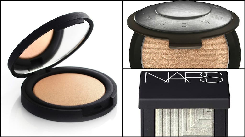 Topshop Beauty Chameleon Highlighter in Tiger’s Eye; Becca Shimmering Skin Perfector Pressed in Champagne Pop; Nars Dual-Intensity Eyeshadow in Antares
