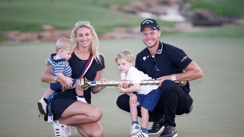Danny Willett with his wife Nicola and Children after his victory in Dubai. Photograph: Ali Haider/EPA