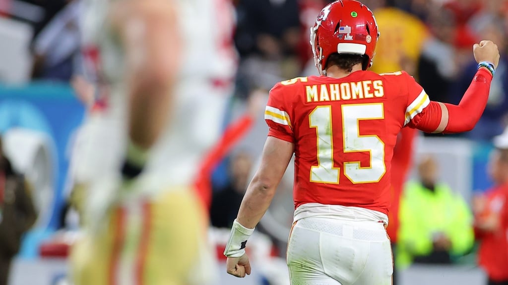 Patrick Mahomes of the Kansas City Chiefs during Sunday’s Super Bowl victory. Photograph:  Getty Images