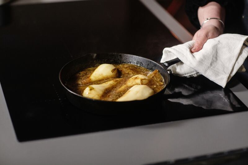 The pear topping begins on the hob and finishes in the oven, creating a melting combination of caramelised pears in sherry, butter and sugar