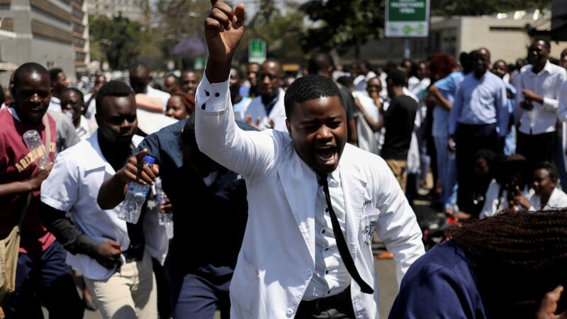 Doctors protest over the disappearance of the leader of their union in Harare in September 2019. Photograph: Siphiwe Sibeko