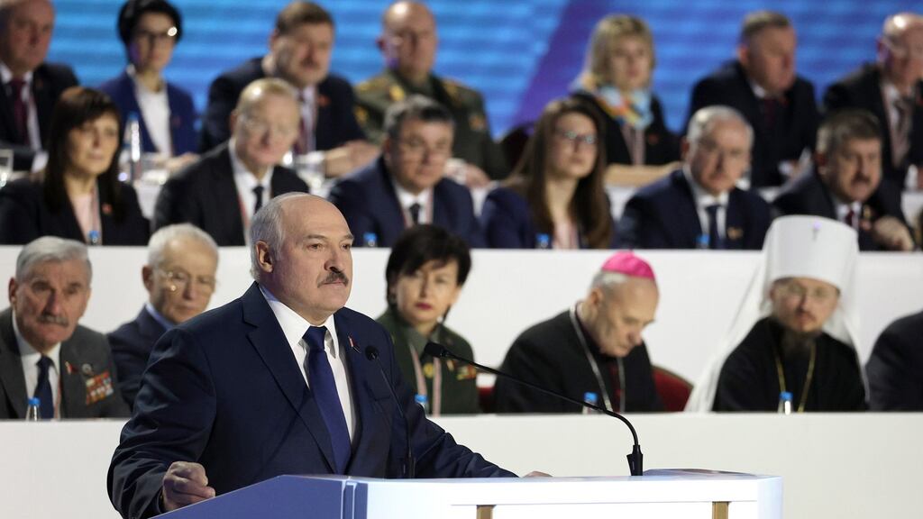 Belarusian president Alexander Lukashenko attends the All-Belarusian People’s Assembly in Minsk on Thursday. Photograph: Maxim Guchek/Pool/EPA