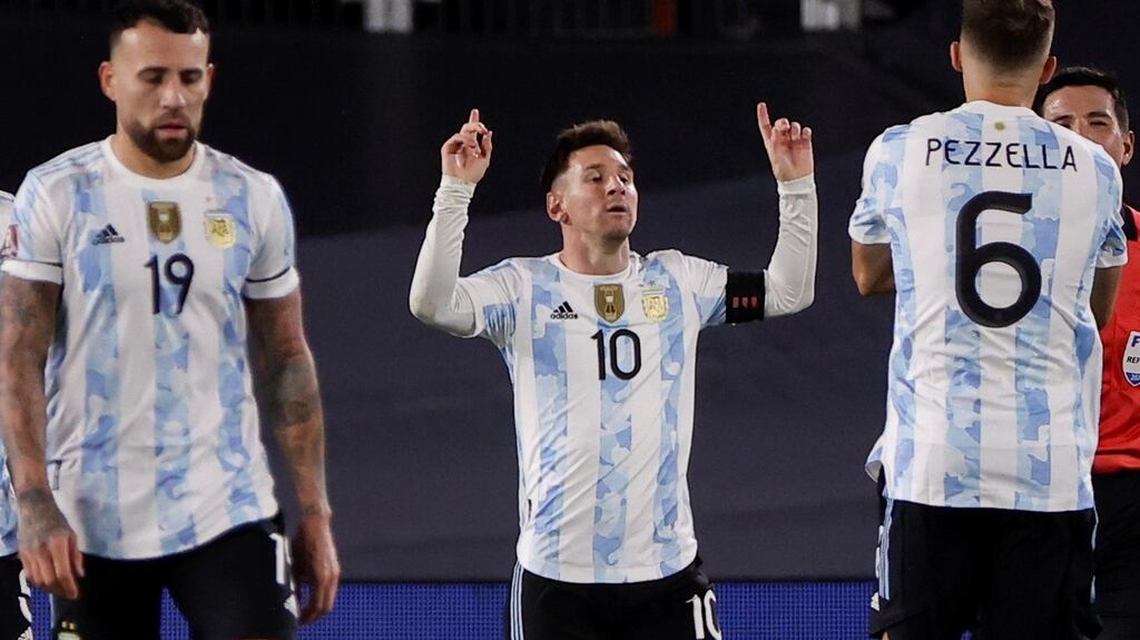 Argentina’s Lionel Messi celebrates after scoring against Bolivia on Thursday. Photo: Juan Ignacio Roncoroni/EPA