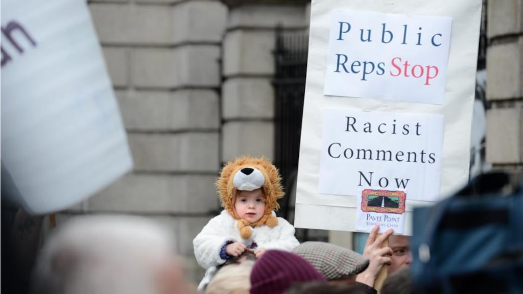 A protest by Travellers and supporters outside Dáil Éireann last year. Photographer: Dara Mac Dónaill