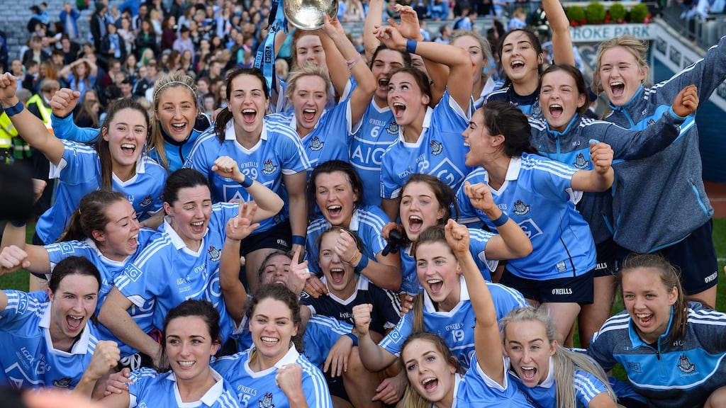 Dublin celebrate with the Brendan Martin Cup following the TG4 Ladies Football All-Ireland Senior Championship final at Croke Park. Photo: Cody Glenn/Sportsfile