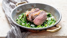 Roast lamb rump with jus gras, peas and mint