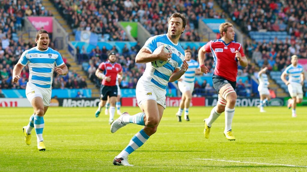 Outhalf Juan Martin Hernandez scores the first try for Argentina against Namibia at Leicester City Stadium. Photograph: Jason Cairnduff/Livepic/Reuters
