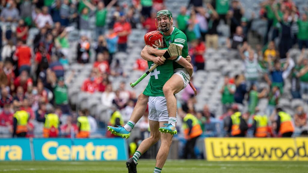 Limerick’s Barry Nash and Sean Finn celebrate their county’s big win over Cork last year when they amassed a record score in an All-Ireland final of 3-32. Photograph: Photograph: Tom Honan