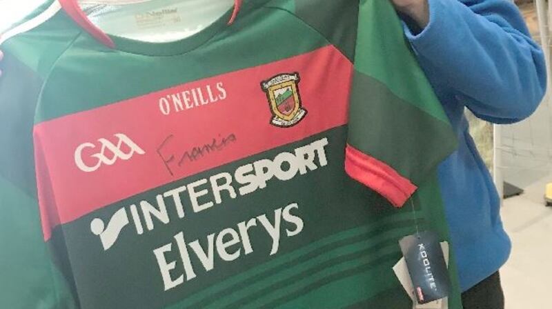 The Mayo football jersey which was signed by Pope Francis at Knock airport. Photograph: Cate McCurry/PA