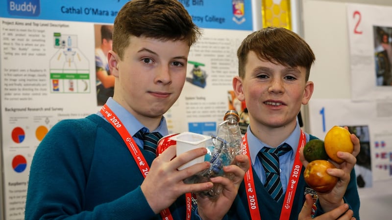Cathal O’Mara and James O’Malley from Castletroy College, Limerick, whose project, ‘Bin Buddy-A SMART sorting bin’ won the best group award in this year’s competition. Photograph: Crispin Rodwell/The Irish Times