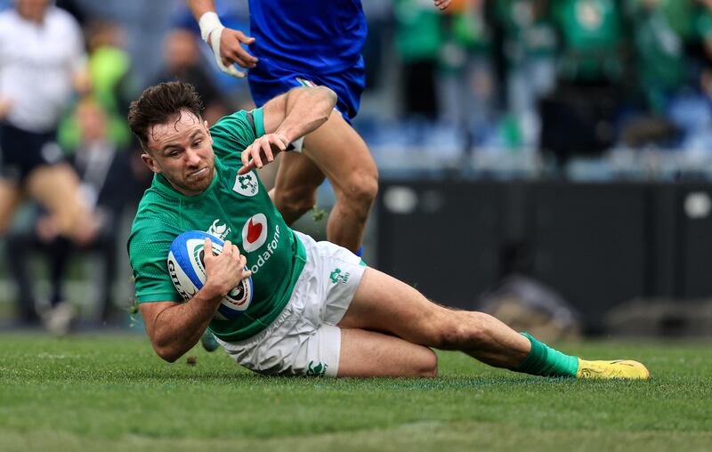 Hugo Keenan goes over for Ireland's second try. Photograph: Dan Sheridan/Inpho
