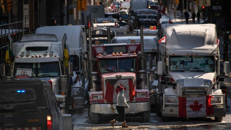 Vehicles block a road during a protest by truck drivers in Ottawa on Tuesday. Photograph: Ed Jones/AFP via Getty Images