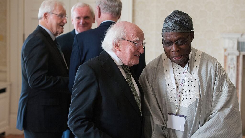 The President, Michael D Higgins, talks with Olusegun Obasanjo, the co-chairman of the InterAction Council, at Áras an Uachtaráin on Tuesday. Photograph: Dave Meehan
