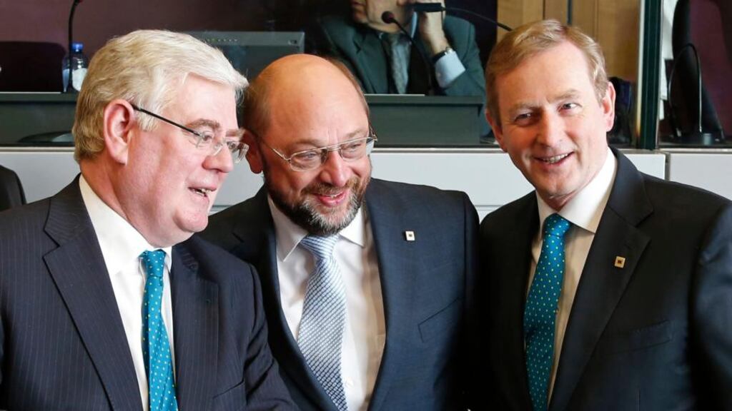 Tanaiste Eamon Gilmore with  European parliament president Martin Schulz and Taoiseach Enda Kenny. Photograph: Yves Herman/Reuters