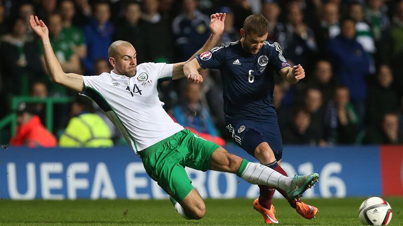 Darron Gibson and  Scotland midfielder Shaun Maloney  during a Euro 2016 qualifier at Celtic Park,  Glasgow, in 2014. Photograph: Getty Images