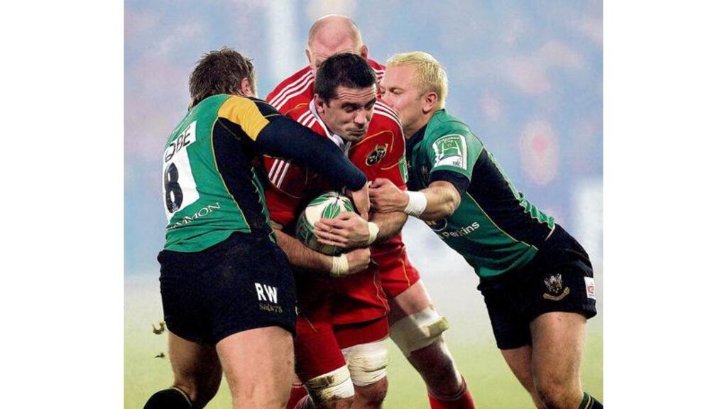 Munster's Alan Quinlan in action against Northampton during their Heineken Cup match at Thomond Park last Friday night. 'One thing that certainly cheered me up was the performance of Munster flanker Alan Quinlan. He produced an amazing performance against Northampton, especially for someone old enough for the free travel - when you reach a certain age it's nice to think that you might still have a few years left.'