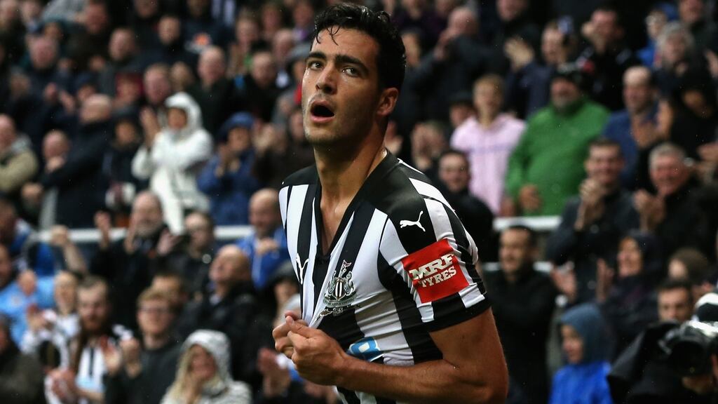 Mikel Merino of Newcastle United celebrates scoring against Crystal Palace. Photograph: Nigel Roddis/Getty Images