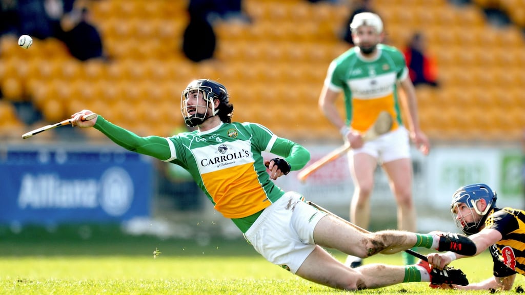Offaly’s Ben Conneely is tackled by Ger Aylward of Kilkenny during their Allianz Hurling League quarter-final. Photo: James Crombie/Inpho