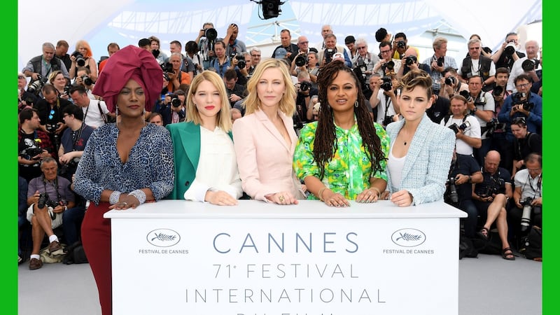 Jury members Khadja Nin, Lea Seydoux, Cate Blanchett, Ava DuVernay and Kristen Stewart at their protest during the 71st annual Cannes Film Festival in Cannes, France. Photograph: Pascal Le Segretain/ Getty Images