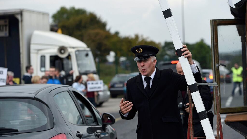 Anti-Brexit campaigners, Borders Against Brexit, set up a mock customs search during a protest against Britain’s vote to leave the European Union, at the border town of Carrickcarnon in October 2016. Photograph: Reuters/Clodagh Kilcoyne