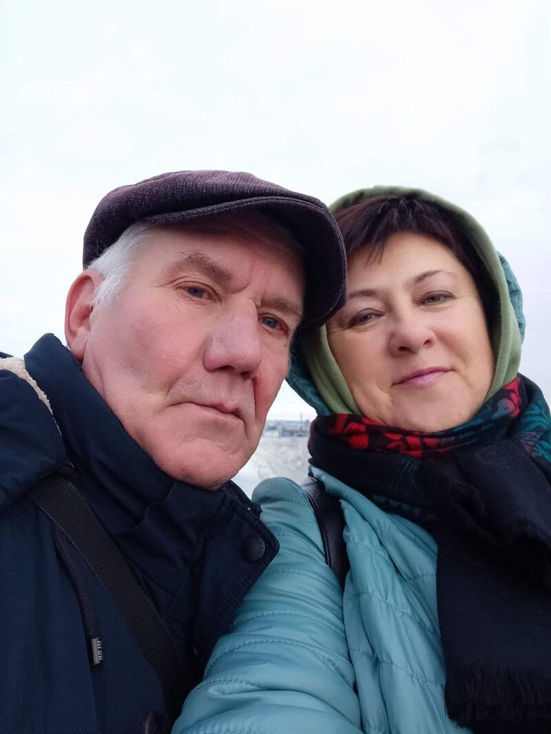 Ukrainian couple Oksana Zayarina and husband Mykhailo Zayarin, pictured after fleeing occupied territory and reaching Kyiv in autumn 2022