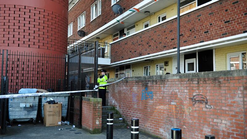 The scene at Seagull House in Rutland Ave where a man was fatally stabbed on Saturday. Photograph: Aidan Crawley/The Irish Times