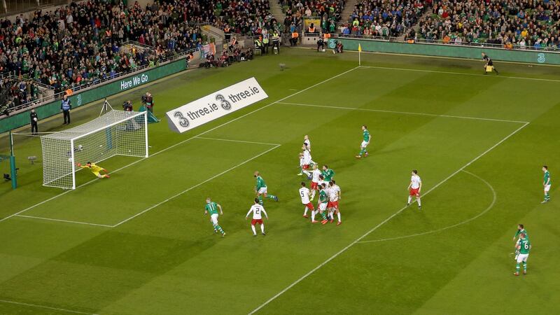 Hourihane scores Ireland’s opener from a free-kick. Photo: Bryan Keane/Inpho