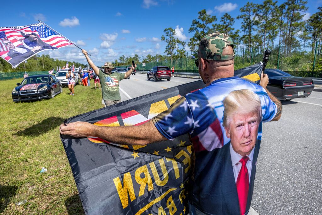 Supporters of former US president and Republican presidential nominee Donald Trump attend a Trump Parade in West Palm Beach, Florida, on Sunday. Photograph: Cristobal Herrera-Ulashkevich