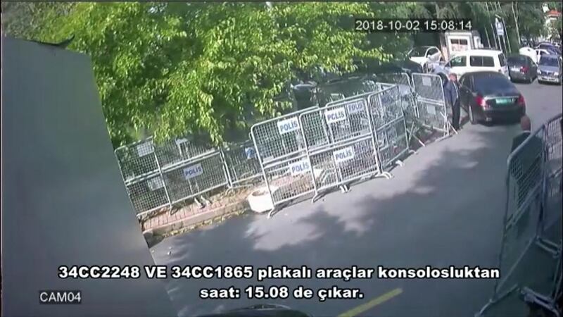 A frame grab from a police CCTV video made available through Turkish newspaper Sabah allegedly shows a black diplomatic vehicle in front of the Saudi consulate in Istanbul Photograph: Sabah Newspaper/AFP