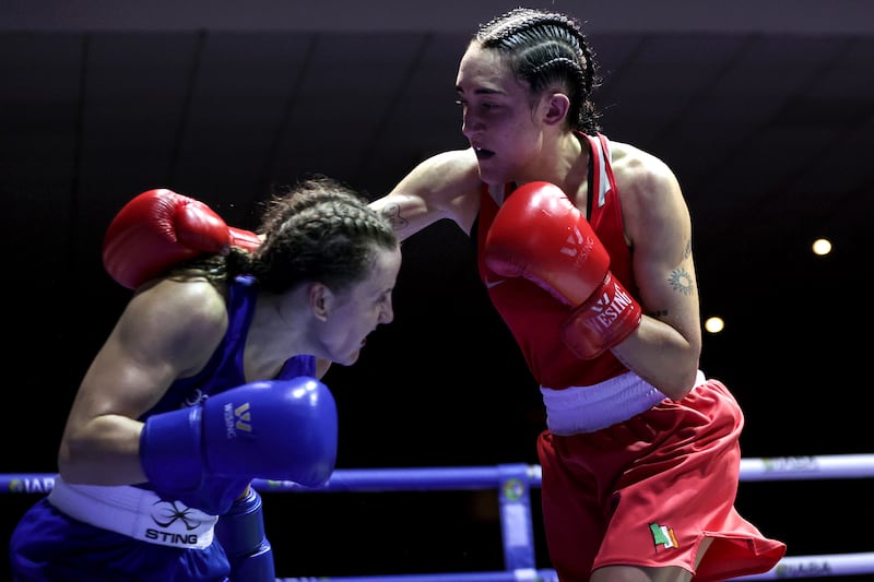 Kelsey Leonard and Michaela Walsh face each other in the 2024 IABA National Elite Championships Women’s 57kg Finals. Photograph: INPHO/ Laszlo Geczo