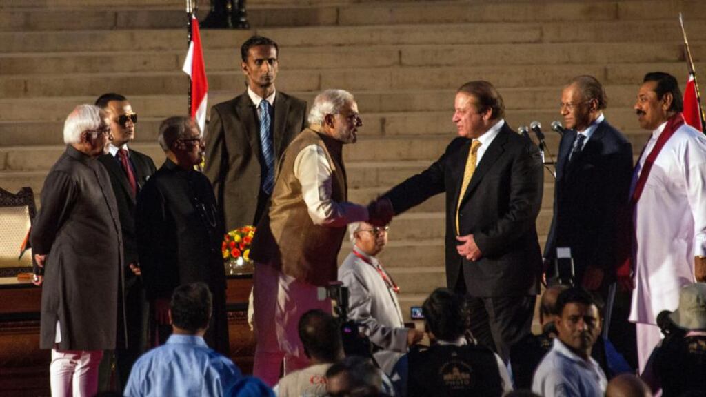 Narendra Modi, India’s new prime minister, left, greets Nawaz Sharif, Pakistan’s, prime minister, during a swearing in ceremony for the prime minister this week. Photograph: Udit Kulshrestha/ Bloomberg