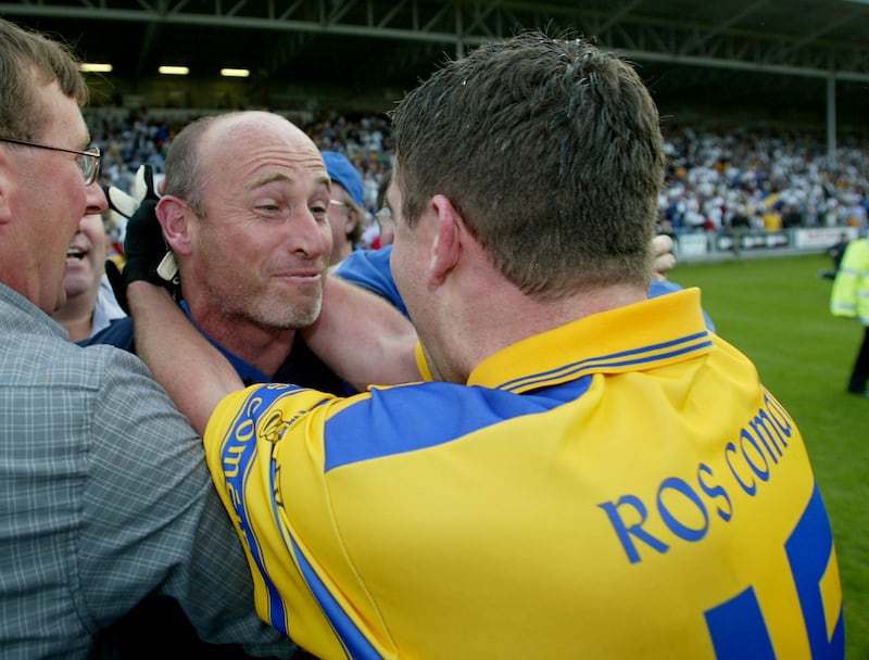 Roscommon's Frankie Dolan and manager Tommy Carr celebrate a round four qualifier win after extra-time over Kildare in July 2003. Photograph: Morgan Treacy/Inpho
