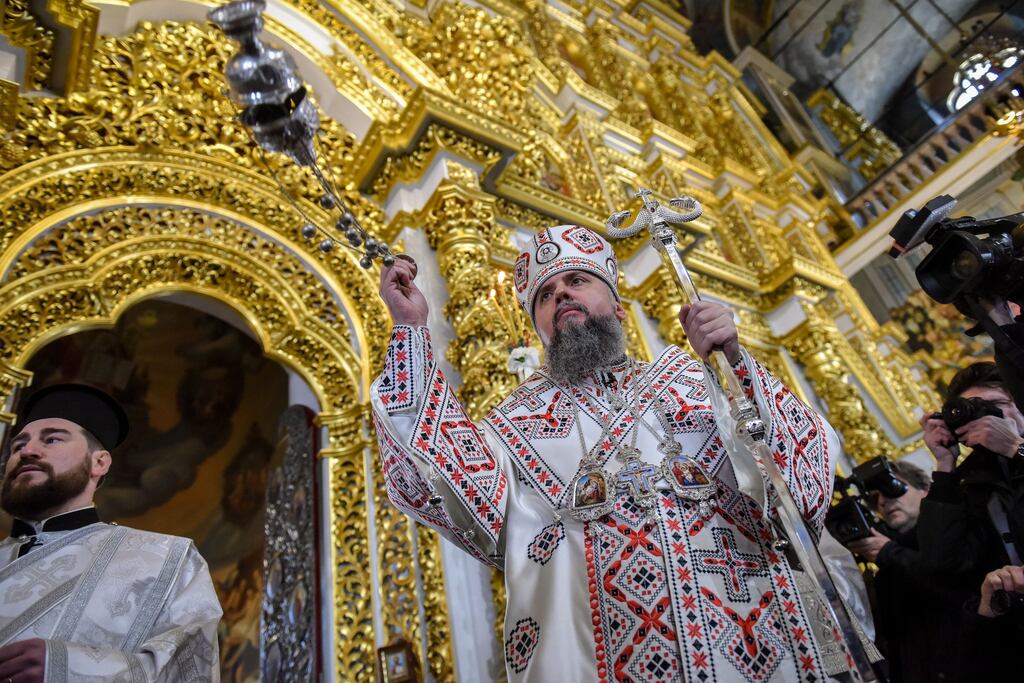 Metropolitan Epifaniy, the head of the Orthodox Church of Ukraine, celebrates the Christmas service at the Pechersk Lavra cathedral in Kyiv, on Saturday. Photograph: Oleg Petrasyuk/EPA