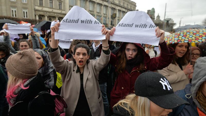 People gathered on O’Connell Street to support the complainant in the Belfast rape trial. Photograph: Alan Betson/The Irish Times