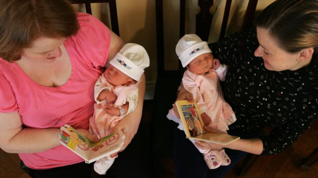 Tanya Fay, left, from Clonmellon, Co Westmeath and her baby Rihanna and Nadejda Onofrej from Moldova with her baby Julia at the 2008 launch of a reading project at the National Maternity Hospital, Holles Street. Photograph: Frank Miller