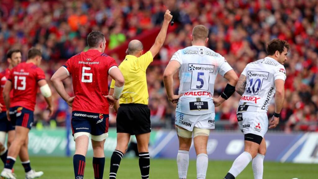 Gloucester outhalf Danny Cipriani is sent off by referee Alexandre Ruiz during the Heineken Champions Cup match at Thomond Park. Photograph: Ryan Byrne/Inpho