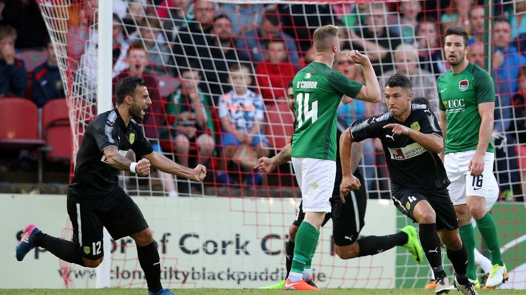 Joan Truyols of AEK Larnaca celebrates scoring the opening goal against Cork City in their Europa League second round qualifier first leg. Photo: Cathal Noonan/Inpho