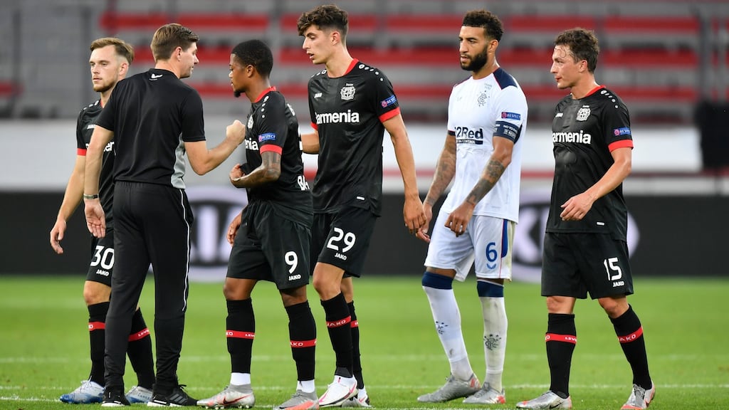 Rangers manager Steven Gerrard congratulates the Bayer Leverkusen players react after the Uefa Europa League Round of 16 second leg match between Bayer Leverkusen and Rangers. Photo: Martin Meissner/Getty Images