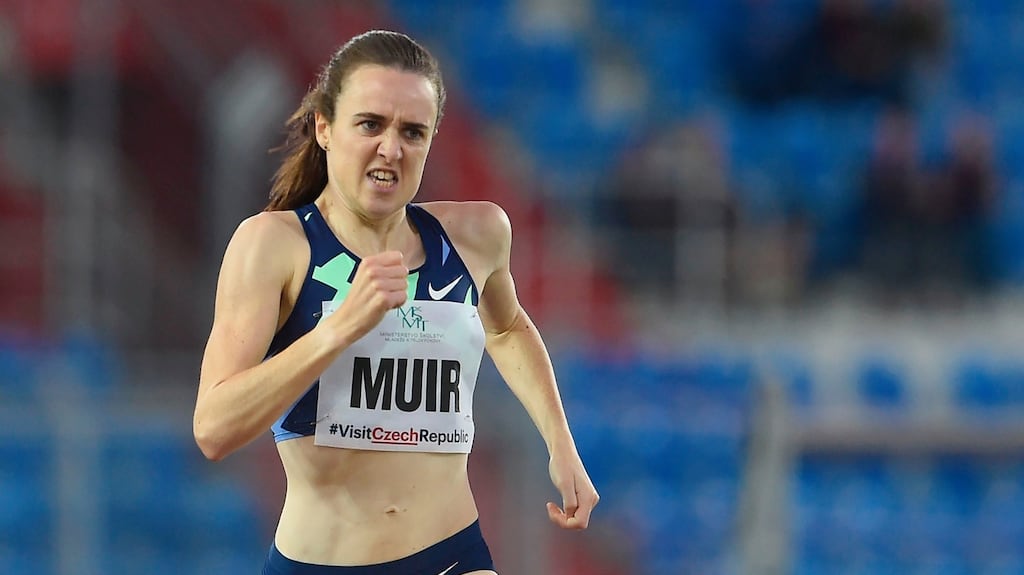 Britain’s Laura Muir on the way to winning the 800m at the IAAF Golden Spike meeting in Ostrava, Czech Republic. Photograph: Michal Cizek/AFP via Getty Images