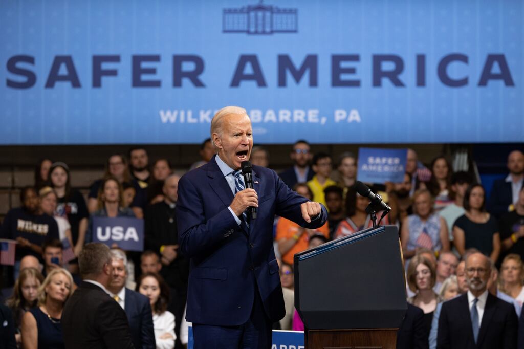 US president Joe Biden speaks at the Arnaud C Marts Center in Wilkes-Barre, Pennsylvania, US. He assailed Republicans for joining in rhetorical attacks on the FBI, saying it’s 'sickening' to see the agency threatened following its search of former president Donald Trump’s Florida residence. Photograph: Hannah Beier/Bloomberg