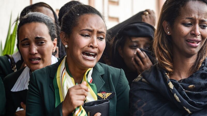 Mourners for victims of the crashed  Ethiopian Airlines jet  during a funeral at Holy Trinity Cathedral in Addis Ababa, Ethiopia, on Sunday. Photograph:  AFP/Getty Images