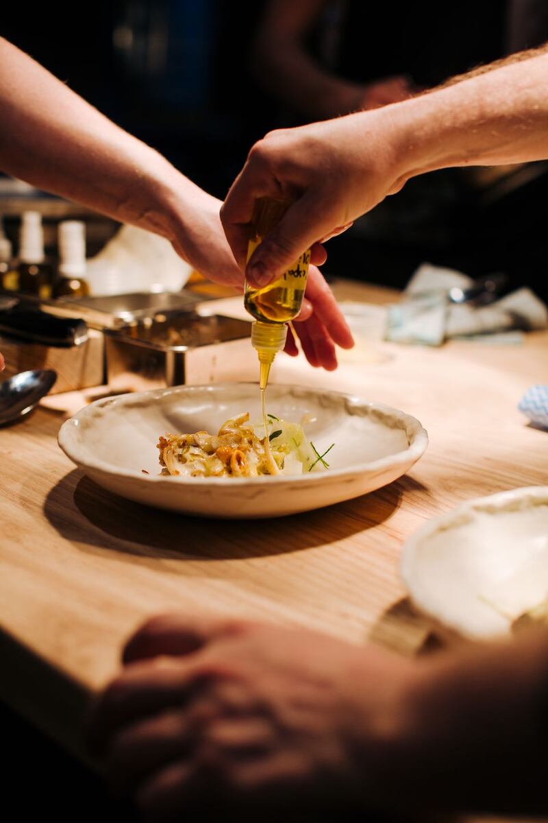 Grilled cuttlefish, gooseberry beurre blanc and hazelnut.