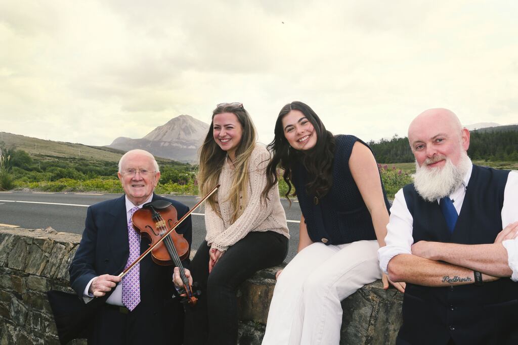 Pat The Cope Gallagher TD at the launch of the Earagail Arts Festival with musicians Aoibhín Ní Dheagha and Nia Ní Bheirn with Paul Brown, CEO / Artistic Director of Earagail Arts Festival. Photograph: Donna El Assaad