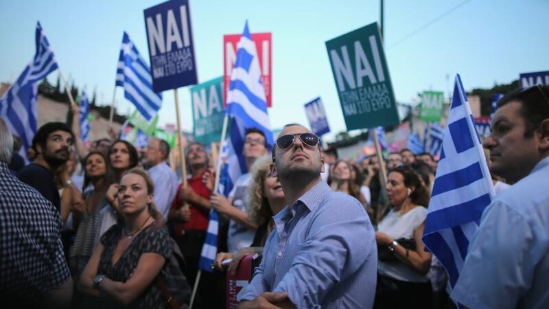 Supporters of the “Yes” campaign attend a rally at the Olympic Stadium in preparation for Sunday’s referendum in Athens. Photograph: Christopher Furlong/Getty Images