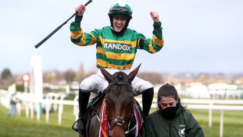 Rachael Blackmore celebrating winning the Grand National on Minella Times to complete a quite extraordinary season which included winning the Champion Hurdle and being leading rider at the Cheltenham festival. Photograph: David Davies/Jockey Club/PA Wire