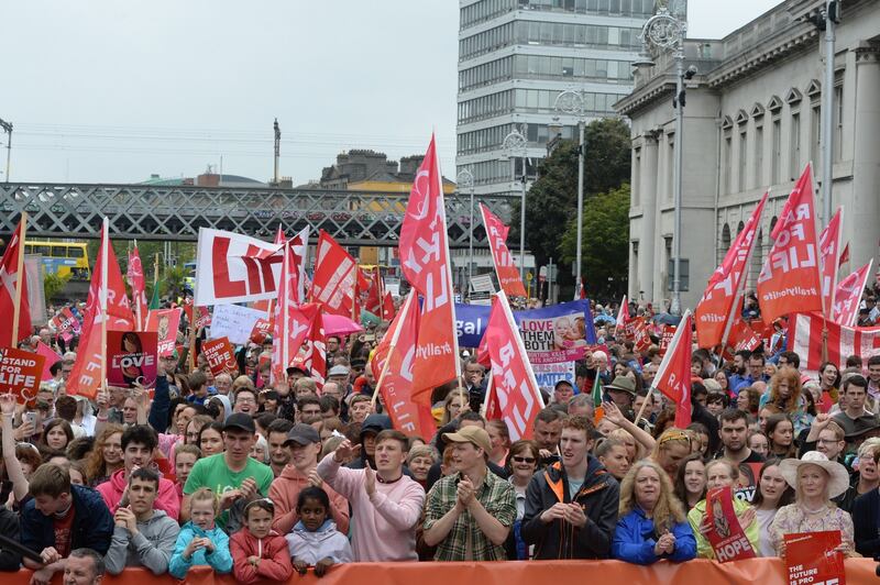 Anti-abortion demonstrators attend the Rally for Life outside Dublin’s Custom House on Saturday. Photograph: Dara Mac Donaill/The Irish Times