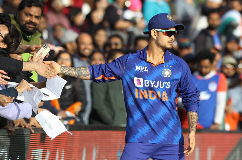 India's Ishan Kishan greets fans during the Twenty20 International cricket match between Ireland and India at Malahide cricket club in Dublin last Sunday. Photograph: Lorraine O'Sullivan/AFP via Getty Images
